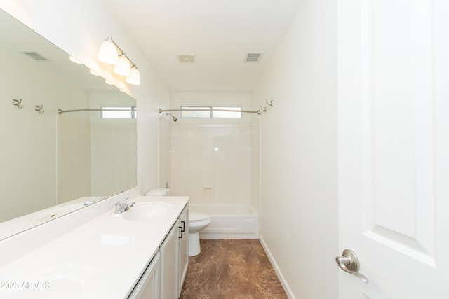 full bath with double vanity, visible vents, toilet, shower / bathtub combination, and a sink