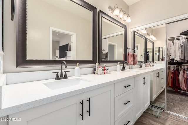 bathroom featuring hardwood / wood-style floors and vanity