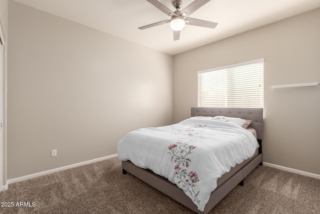 bedroom with ceiling fan and carpet