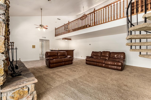119 E Palomino Dr, Tempe, AZ 85284 - carpeted living area with a high ceiling, stairway, a ceiling fan, and bar