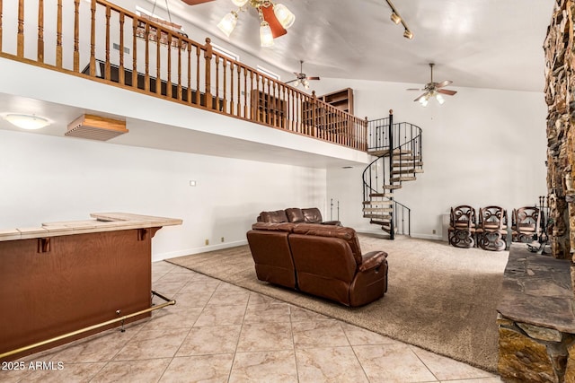 119 E Palomino Dr, Tempe, AZ 85284 - living area featuring ceiling fan, high vaulted ceiling, stairway, and carpet floors