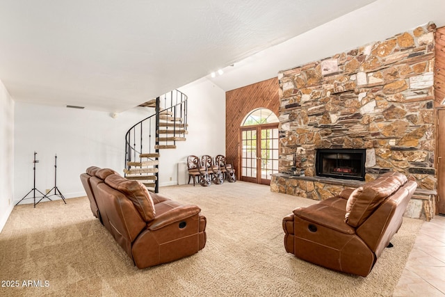 119 E Palomino Dr, Tempe, AZ 85284 - carpeted living area with high vaulted ceiling, stairway, a fireplace, and french doors