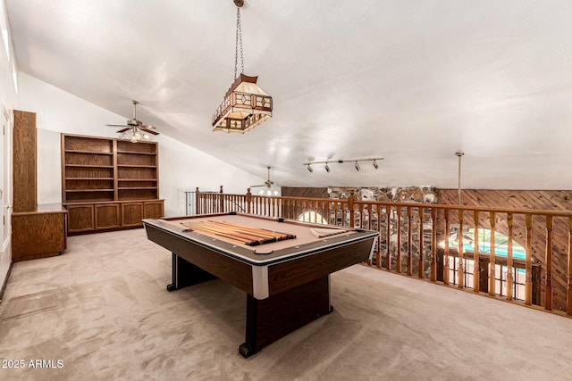 119 E Palomino Dr, Tempe, AZ 85284 - recreation room featuring a ceiling fan, lofted ceiling, billiards table, and carpet flooring
