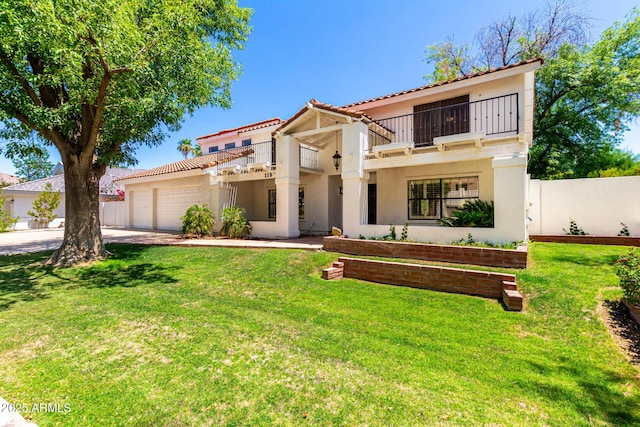 119 E Palomino Dr, Tempe, AZ 85284 - mediterranean / spanish home featuring a balcony, stucco siding, a garage, and a tiled roof