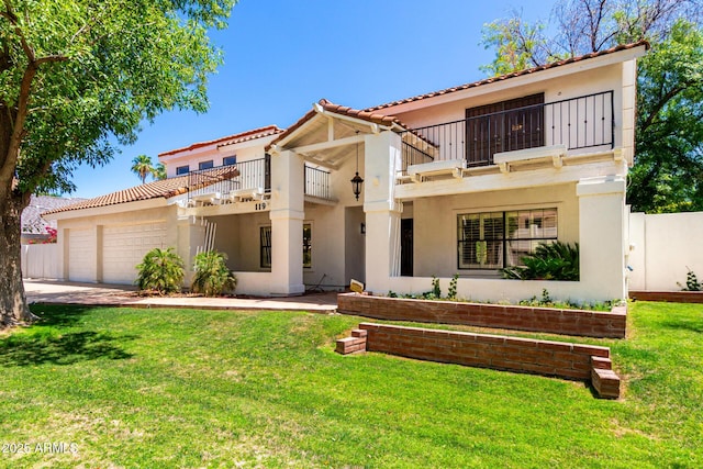 119 E Palomino Dr, Tempe, AZ 85284 - mediterranean / spanish-style home featuring a balcony, stucco siding, a garage, and a tile roof