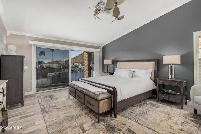 bedroom with vaulted ceiling, access to exterior, ceiling fan, crown molding, and light hardwood / wood-style flooring