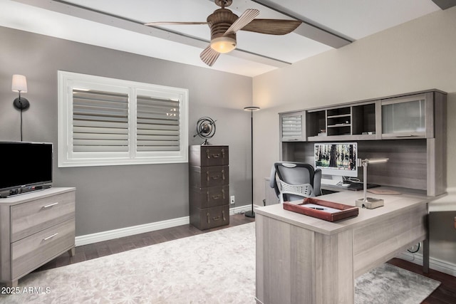 office space with dark hardwood / wood-style flooring and ceiling fan