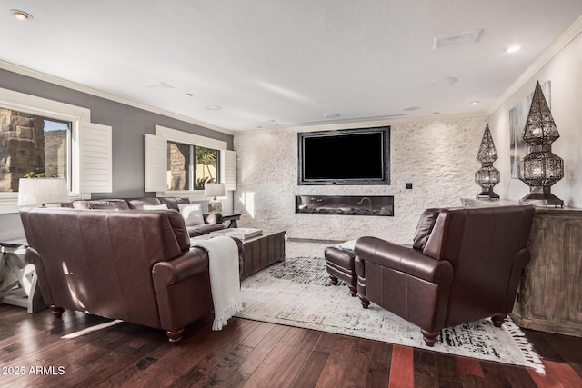 living room featuring crown molding and dark hardwood / wood-style floors