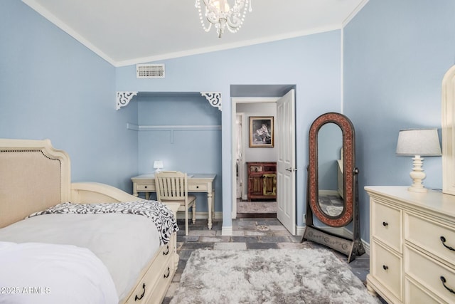 bedroom featuring crown molding, lofted ceiling, and a chandelier