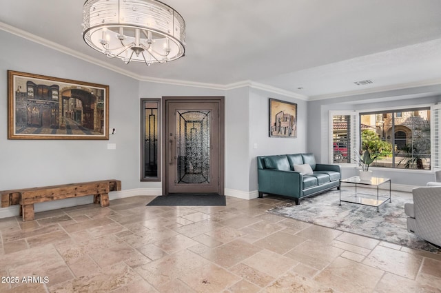 living room with a notable chandelier and crown molding