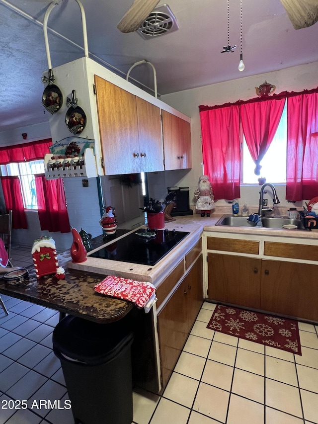 kitchen featuring black electric cooktop, sink, and light tile patterned floors