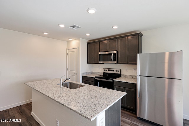 kitchen with appliances with stainless steel finishes, a kitchen island with sink, a sink, and visible vents