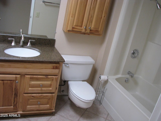 full bathroom featuring bathing tub / shower combination, vanity, toilet, and tile patterned floors