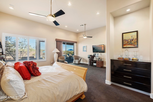 carpeted bedroom featuring ceiling fan