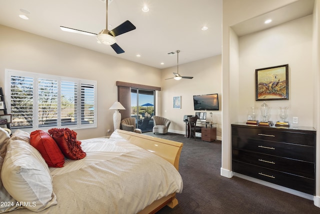 bedroom with access to exterior, recessed lighting, dark carpet, and baseboards