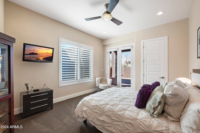 carpeted bedroom featuring ceiling fan, access to exterior, and french doors