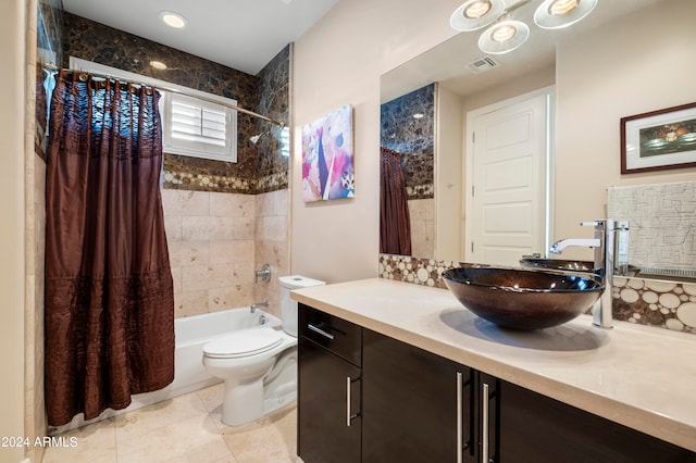 full bathroom featuring shower / bath combination with curtain, toilet, and vanity