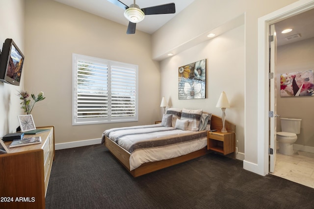 bedroom featuring baseboards, visible vents, ensuite bath, recessed lighting, and dark colored carpet