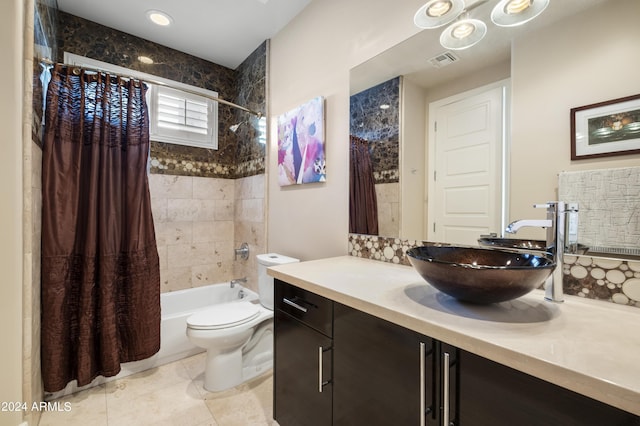 bathroom with tile patterned floors, visible vents, shower / tub combo with curtain, toilet, and vanity