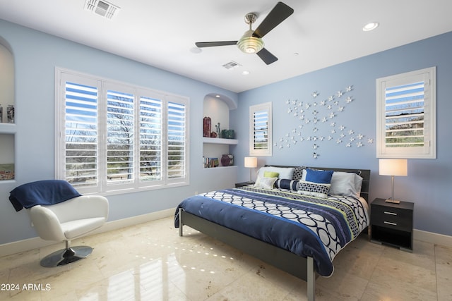 bedroom featuring a ceiling fan, recessed lighting, baseboards, and visible vents