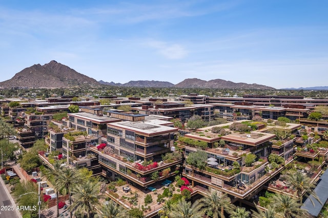 drone / aerial view featuring a mountain view