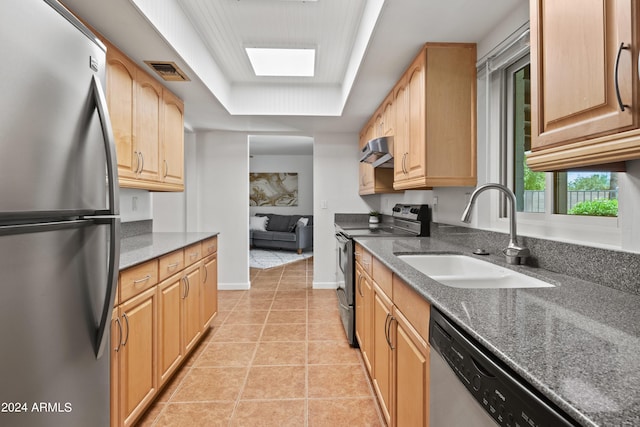 kitchen with light tile patterned flooring, appliances with stainless steel finishes, a skylight, sink, and a raised ceiling