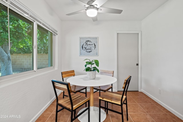 dining area featuring ceiling fan and tile patterned floors