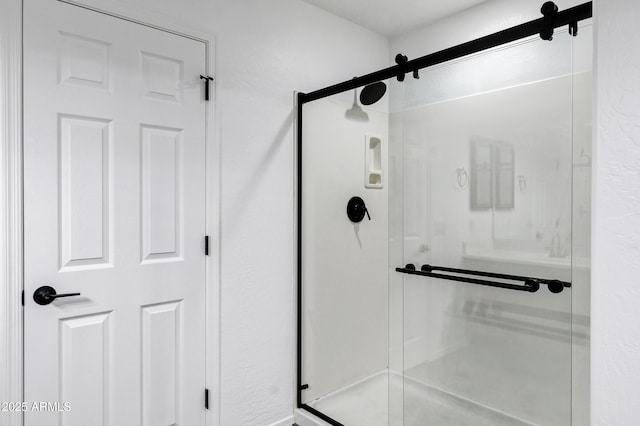 bathroom with a shower with shower door