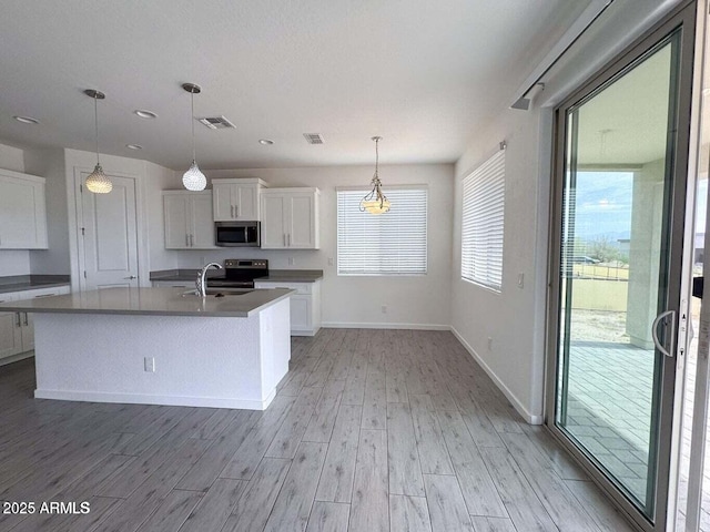 30507 N 167th St, Scottsdale, AZ 85262 - kitchen featuring appliances with stainless steel finishes, white cabinets, light wood-style floors, baseboards, and an island with sink