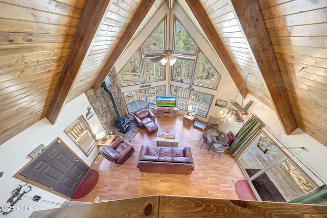 17425 Sequoia Dr, Munds Park, AZ 86017 - living room featuring a wood stove, wooden ceiling, high vaulted ceiling, beam ceiling, and a ceiling fan