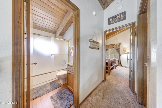 17425 Sequoia Dr, Munds Park, AZ 86017 - full bathroom featuring wooden ceiling, combined bath / shower with glass door, toilet, vanity, and baseboards