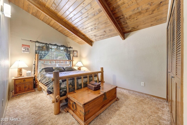 17425 Sequoia Dr, Munds Park, AZ 86017 - bedroom with wooden ceiling, light carpet, and baseboards