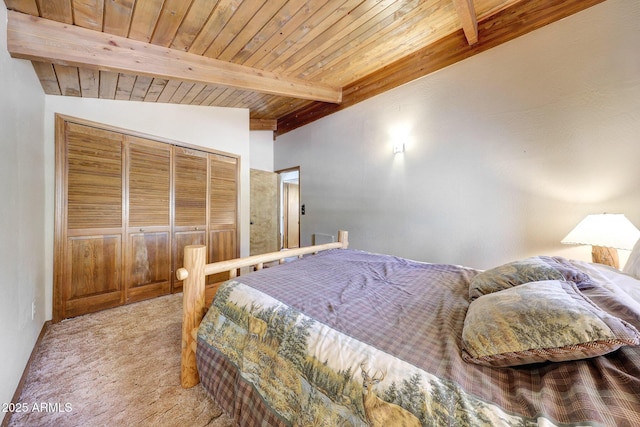 17425 Sequoia Dr, Munds Park, AZ 86017 - bedroom featuring light carpet, wooden ceiling, and a closet