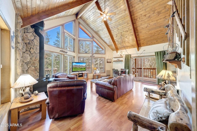 17425 Sequoia Dr, Munds Park, AZ 86017 - living room with high vaulted ceiling, beamed ceiling, wood finished floors, a ceiling fan, and wood ceiling