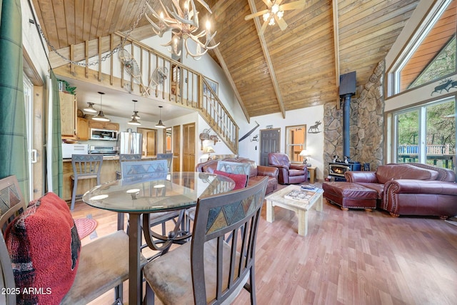 17425 Sequoia Dr, Munds Park, AZ 86017 - dining room with a wood stove, high vaulted ceiling, light wood-type flooring, stairway, and wooden ceiling