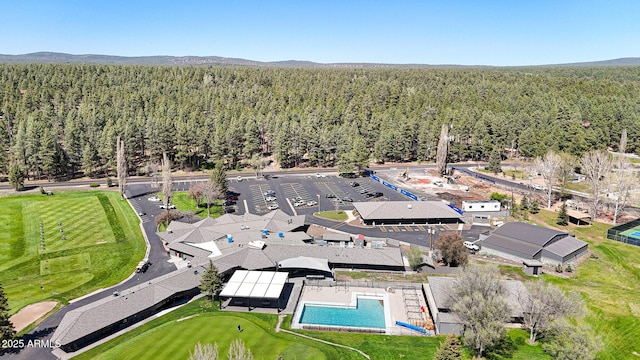 17425 Sequoia Dr, Munds Park, AZ 86017 - drone / aerial view of a heavily wooded area, a pool, and mountains