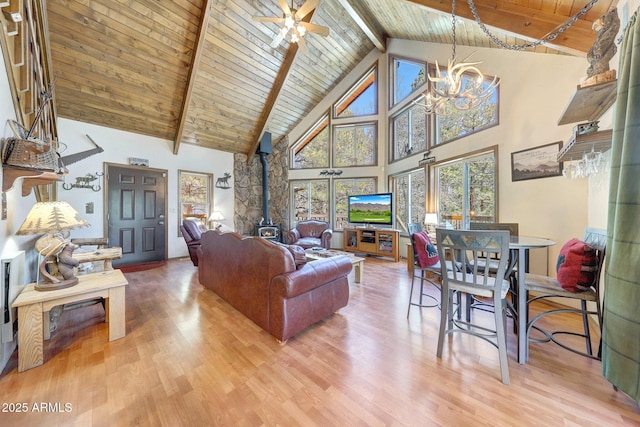 17425 Sequoia Dr, Munds Park, AZ 86017 - living area featuring a wood stove, high vaulted ceiling, beam ceiling, wooden ceiling, and a ceiling fan