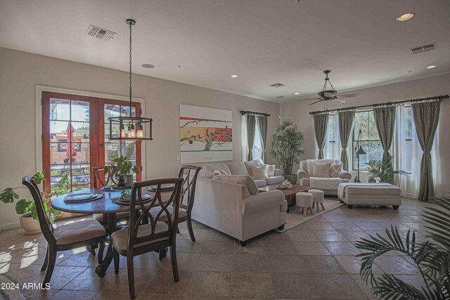 dining room featuring visible vents, recessed lighting, and a ceiling fan