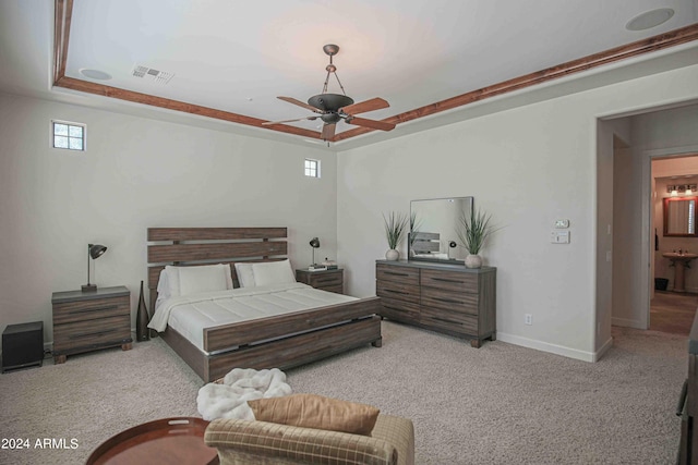 bedroom featuring carpet, baseboards, ceiling fan, and visible vents