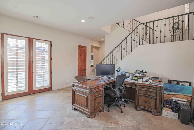 office area with baseboards, visible vents, recessed lighting, and french doors
