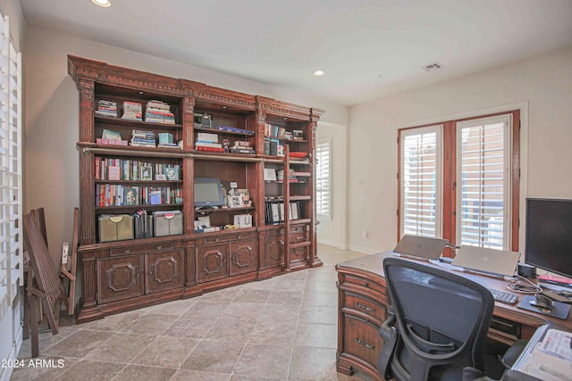 office area with french doors, visible vents, and recessed lighting