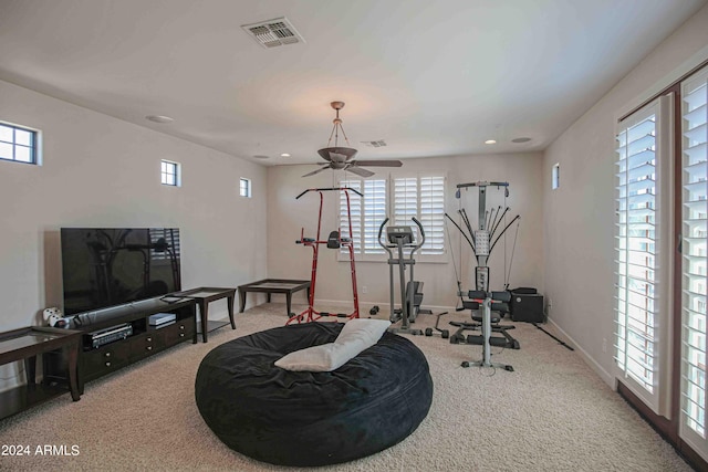 workout room with visible vents, carpet, baseboards, ceiling fan, and recessed lighting