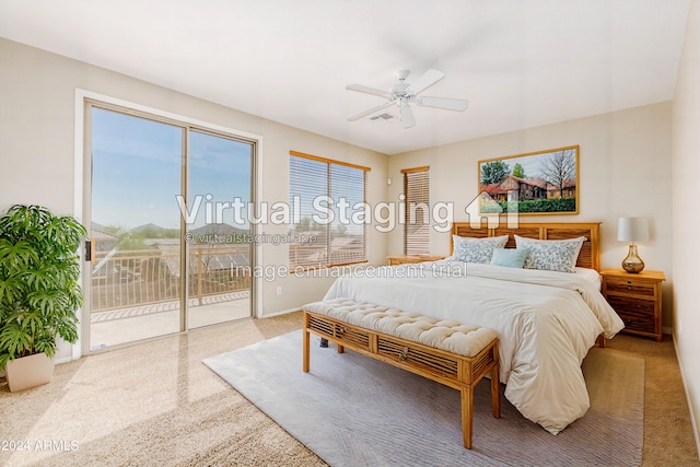 bedroom featuring ceiling fan and access to exterior