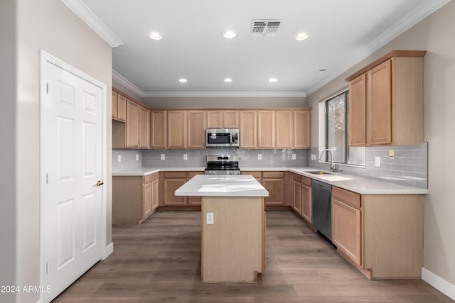 kitchen with appliances with stainless steel finishes, a kitchen island, crown molding, and sink