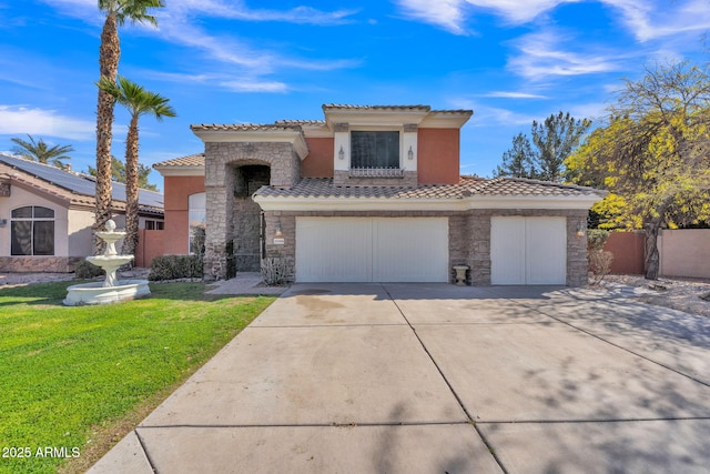 mediterranean / spanish-style home featuring stone siding, a tile roof, a front lawn, and stucco siding