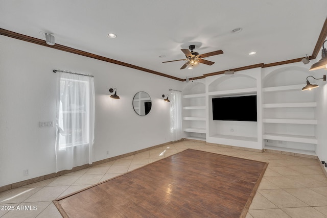 unfurnished living room featuring light tile patterned floors, built in shelves, baseboards, and crown molding