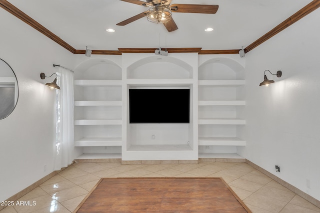 unfurnished living room with baseboards, built in features, ornamental molding, and light tile patterned flooring