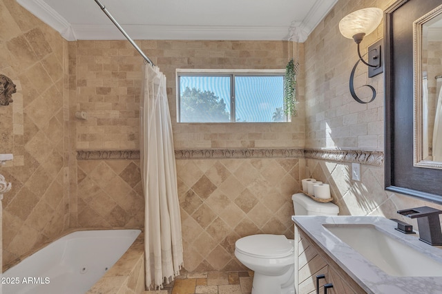 full bathroom featuring toilet, ornamental molding, tiled shower / bath, vanity, and tile walls