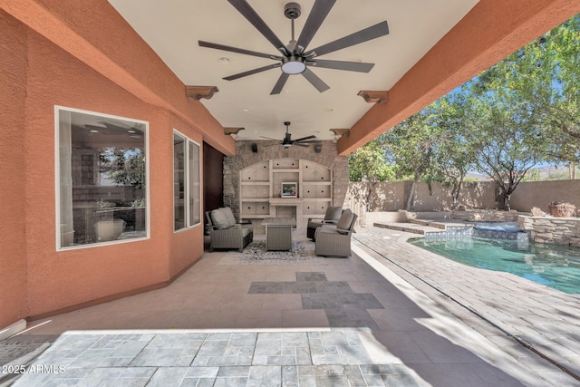 view of patio with an in ground hot tub, a fenced backyard, and a fenced in pool