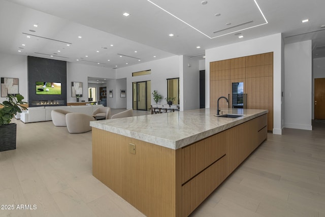 kitchen featuring a large island, sink, and light hardwood / wood-style flooring